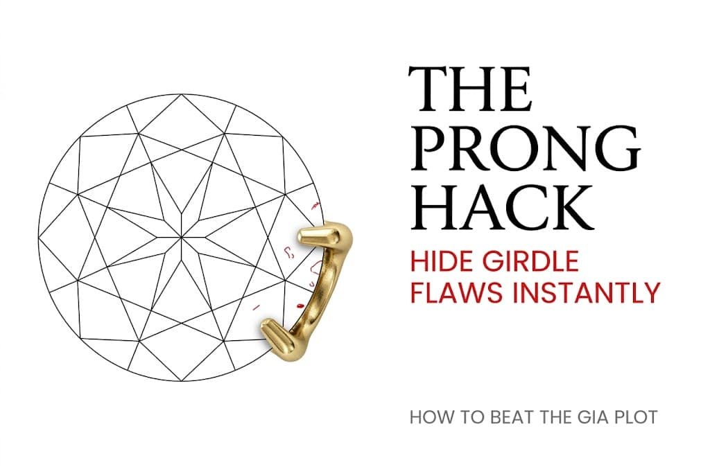 Technical white background illustration of a diamond GIA plot showing a gold prong hiding edge inclusions, with Canela typography reading 'The Prong Hack' for mastering the diamond clarity chart.
