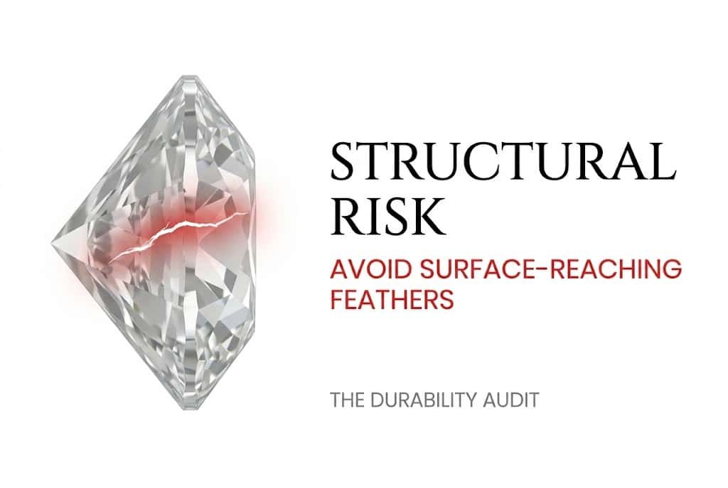 Technical white background illustration showing a feather crack reaching the edge of a diamond, with Canela typography reading 'Structural Risk: Avoid Surface-Reaching Feathers' on the diamond clarity chart.