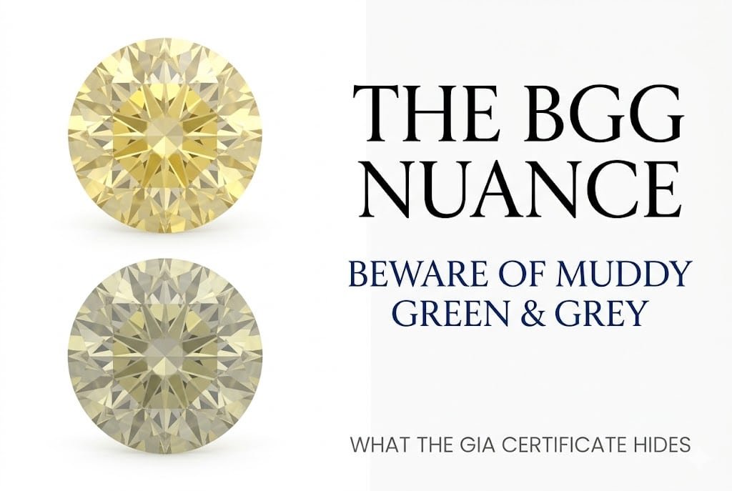 White background visual guide comparing a pure warm diamond to a muddy green-grey diamond, with typography reading 'The BGG Nuance: Beware of Muddy Green & Grey' explaining hidden flaws on the diamond color scale.