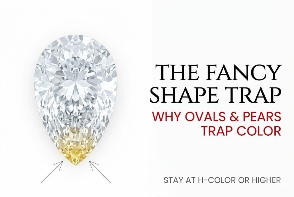 Technical white background illustration of a pear cut diamond showing yellow tint at the tip, with Canela typography reading 'The Fancy Shape Trap: Why Ovals & Pears Trap Color' on the GIA diamond color scale.