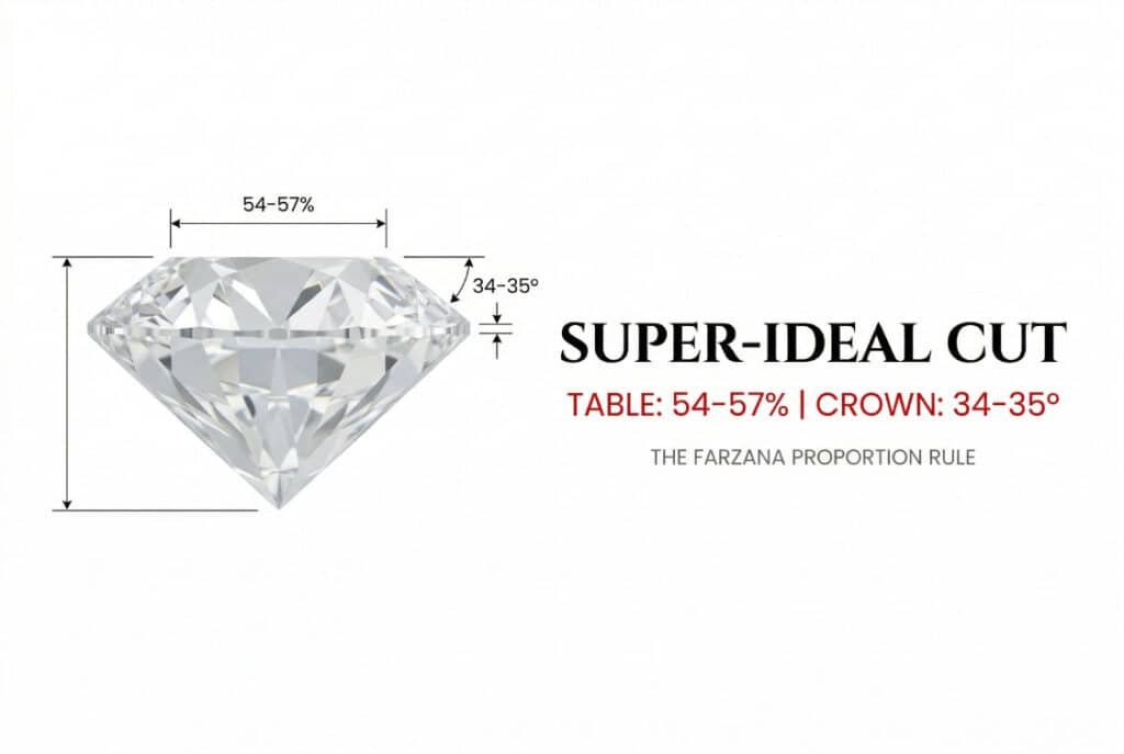 Technical architectural illustration of diamond cut proportions on a white background, highlighting a 54-57% table and 34-35 degree crown angle, serving as a diamond crown and pavilion angle chart.