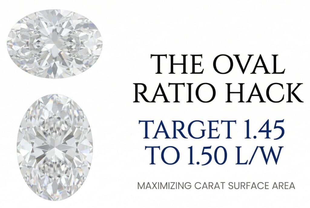White background visual guide comparing a squashed oval diamond to an elongated oval diamond, with Canela typography reading 'The Oval Ratio Hack: Target 1.45 to 1.50 L/W' showing ideal proportions for oval and pear cuts.