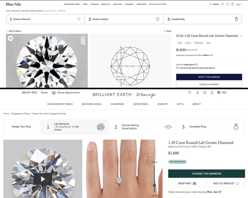 BRILLIANT EARTH VS BLUE NILE LAB DIAMOND COMPARIOSN OF SAME 1.20 D COLOR VVS1 CLARITY IDEAL CUT DIAMOND