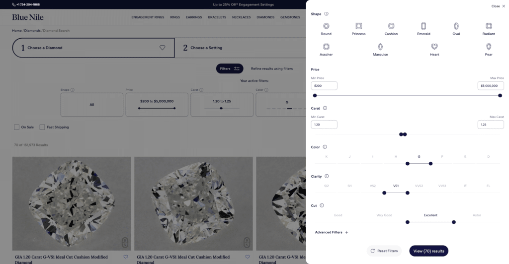 Color, VS1 Clarity, Ideal/Excellent Cut, 1.20–1.25 Carat from blue nile
