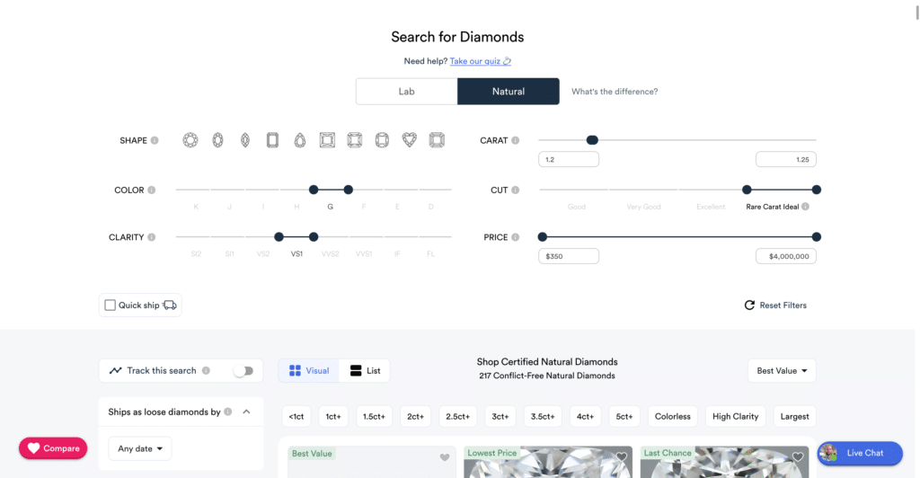 Color, VS1 Clarity, Ideal/Excellent Cut, 1.20–1.25 Carat from rare carat