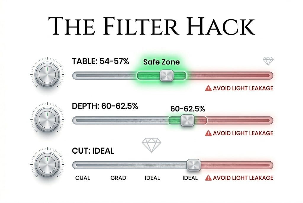 Technical white background UI illustration showing the exact Blue Nile advanced filter settings for Table and Depth, with Canela typography reading 'The Filter Hack'.