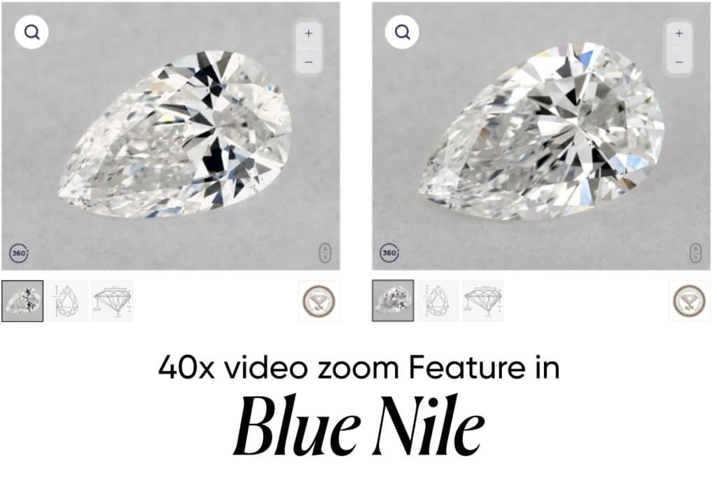 Blue Nile Breeze 4K video zoom feature at 40x magnification showing how to audit cloudy SI2 diamonds for twinning wisps and inclusions using the interactive 360° diamond inspection tool in 2026.