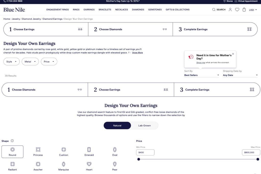 Blue Nile diamond earrings design guide showing steps to choose earrings, diamonds, and settings with filters for natural and lab-grown diamonds in round, princess, cushion, emerald, oval, radiant, asscher, marquise, heart, and pear shapes. Includes pricing and shipping date options for custom stud earrings.