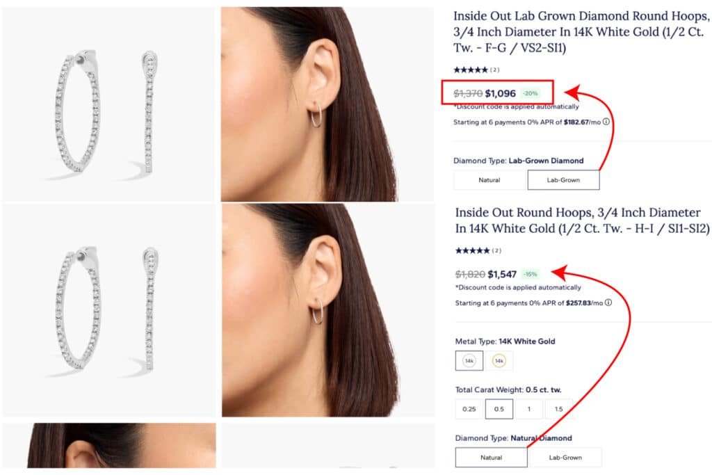 Blue Nile side-by-side comparison of inside out round diamond hoops in 14K white gold, 3/4 inch diameter, 0.5 carat total weight. Left: lab-grown diamond hoops priced at $1,096 with F-G color and VS2-SI1 clarity. Right: natural diamond hoops priced at $1,020 with H-I color and SI1-SI2 clarity. Both show discount codes applied and 0% APR payment options.