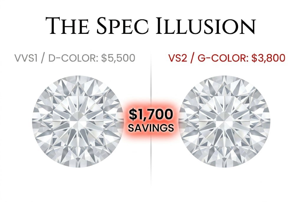 White background visual guide comparing a $5,500 VVS1 D-color diamond to a $3,800 VS2 G-color diamond, with Canela typography reading 'The Spec Illusion'.
