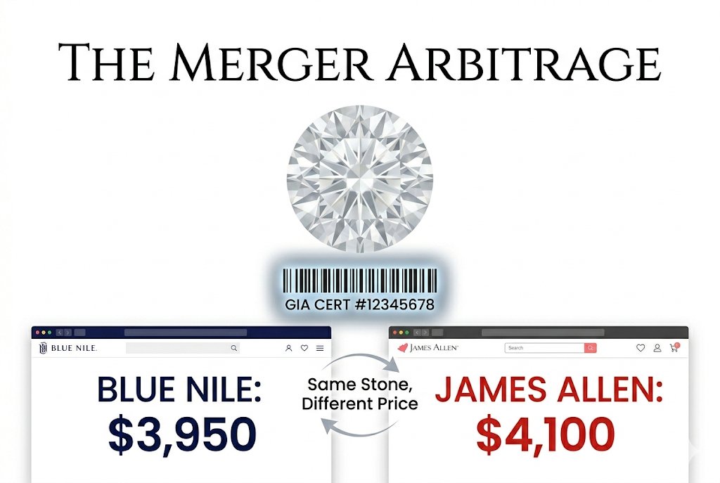 Technical white background infographic showing the exact same diamond priced differently on Blue Nile and James Allen, with Canela typography reading 'The Merger Arbitrage'.