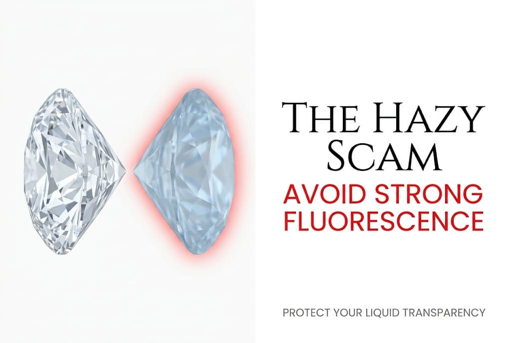 Technical white background illustration comparing a clear stone to a hazy fluorescent stone, with Canela typography reading 'The Hazy Scam: Avoid Strong Fluorescence' in a D color diamond.