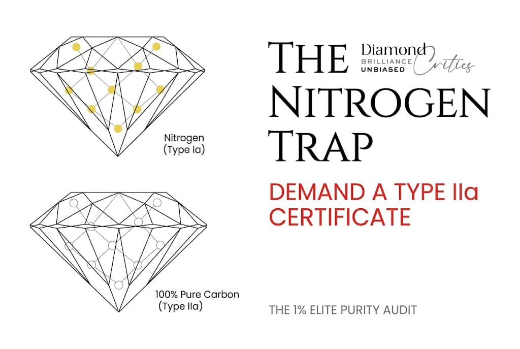 Technical white background illustration comparing nitrogen impurities in Type Ia vs Type IIa stones, with Canela typography reading 'The Nitrogen Trap' for buying a pure D color diamond.