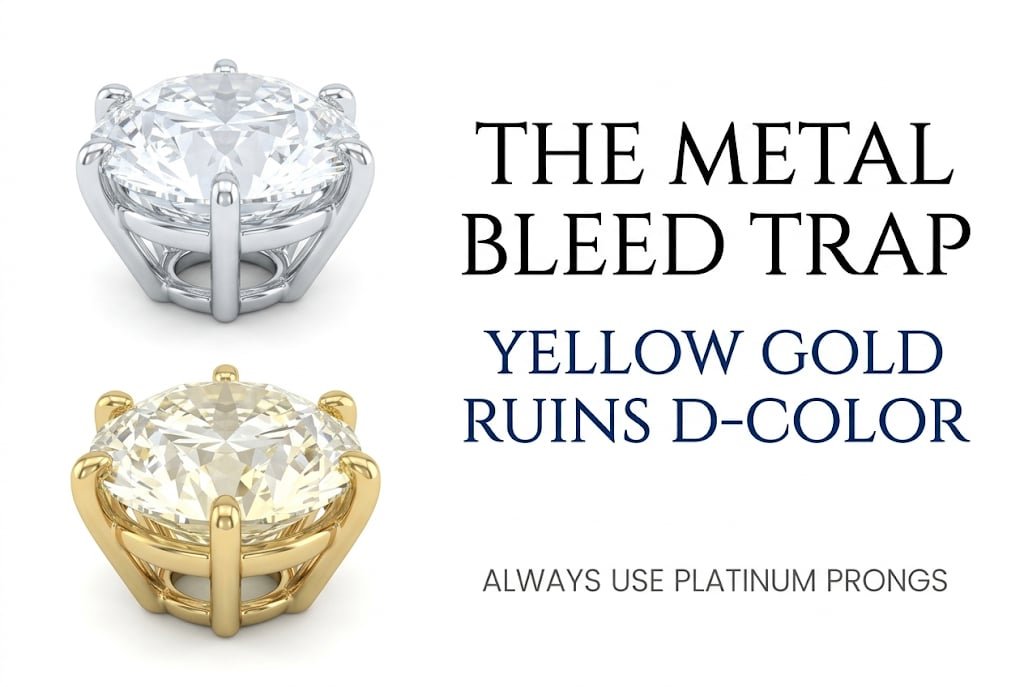 White background visual guide showing a diamond absorbing yellow gold reflection vs platinum, with typography reading 'The Metal Bleed Trap: Yellow Gold Ruins D-Color' for a D color diamond.