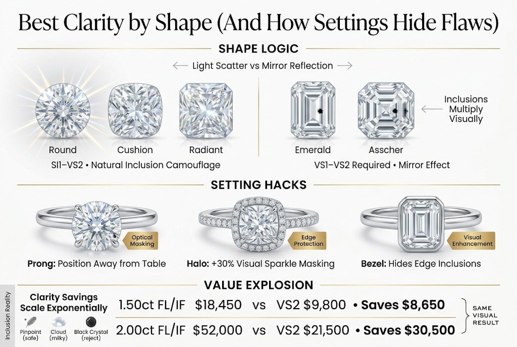 High-end infographic explaining the best diamond clarity by shape and how ring settings like prong, halo, and bezel can hide inclusions, with price comparisons showing large savings when choosing VS2 over flawless diamonds.