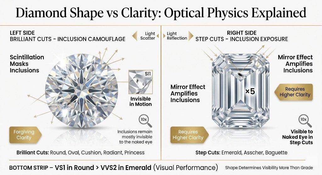 Premium infographic comparing brilliant cut and step cut diamonds, showing how brilliant cuts hide inclusions through scintillation while step cuts amplify inclusions through mirror-like reflections, making shape more important than clarity grade.