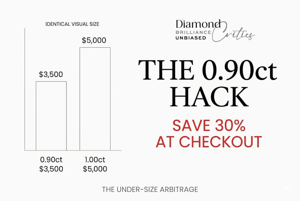 Technical white background financial chart comparing the price of a 0.90ct vs 1.00ct diamond, with Canela typography reading 'The 0.90ct Hack: Save 30% At Checkout' for maximizing a diamond size chart.
