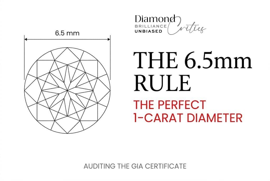 Technical white background illustration of a 1-carat diamond's top diameter measuring 6.5 millimeters, with Canela typography reading 'The 6.5mm Rule' for auditing a diamond size chart.