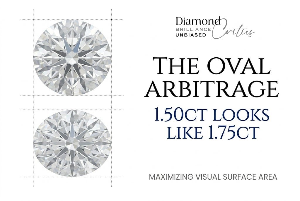White background visual guide comparing the face-up size of an oval vs round diamond, with typography reading 'The Oval Arbitrage: 1.50ct Looks Like 1.75ct' explaining visual surface area on the diamond size chart.