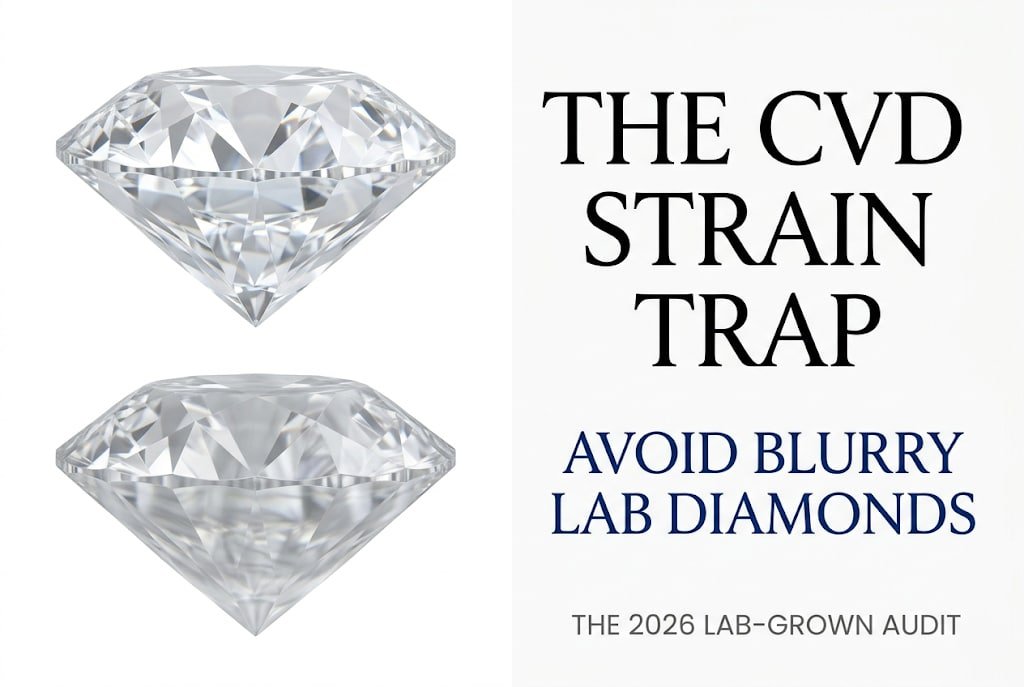 White background visual guide comparing a crisp lab diamond to a blurry CVD strained diamond, with typography reading 'The CVD Strain Trap: Avoid Blurry Lab Diamonds' when buying an E color diamond.