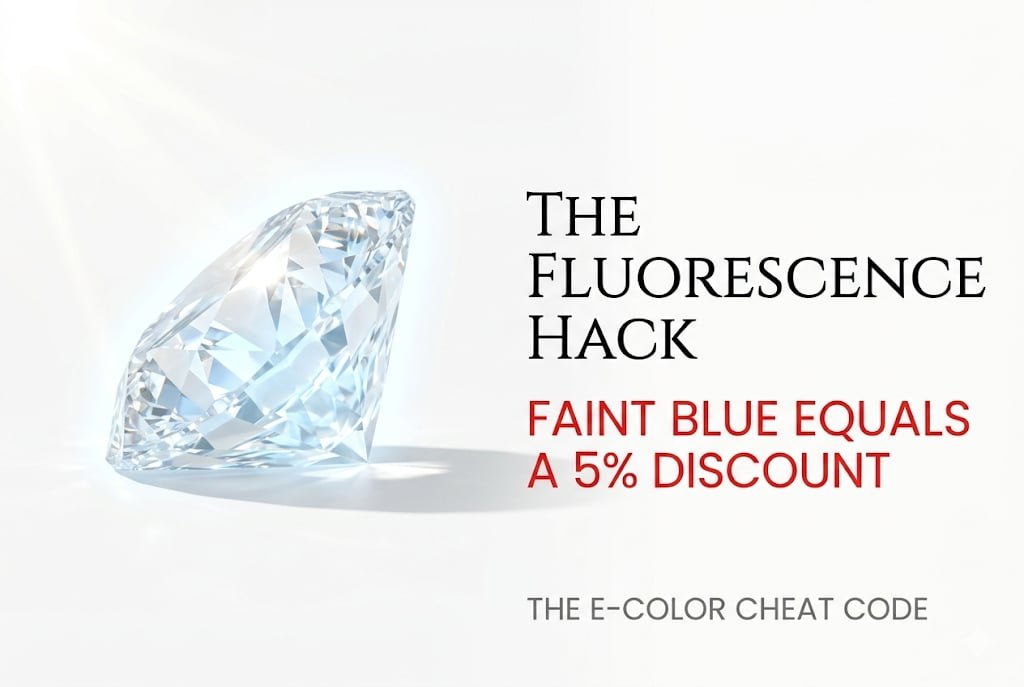 Technical white background illustration showing a diamond glowing icy white in sunlight, with Canela typography reading 'The Fluorescence Hack' for getting a discount on an E color diamond.