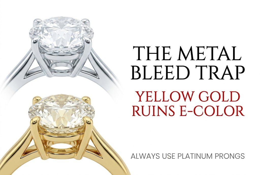 White background visual guide showing an E color diamond absorbing yellow gold reflection versus staying icy white in platinum, with Canela typography reading 'The Metal Bleed Trap: Yellow Gold Ruins E-Color'.