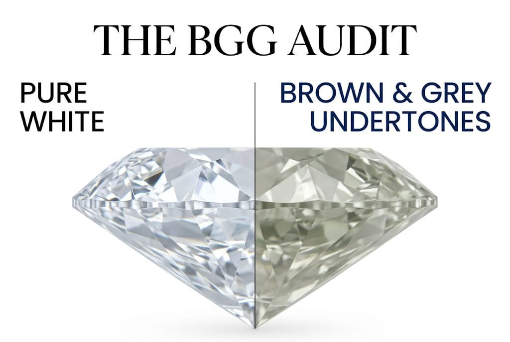 White background visual guide comparing a pure F color diamond to a muddy green-grey diamond, with Canela typography reading 'The BGG Audit' explaining hidden flaws in F color diamonds.