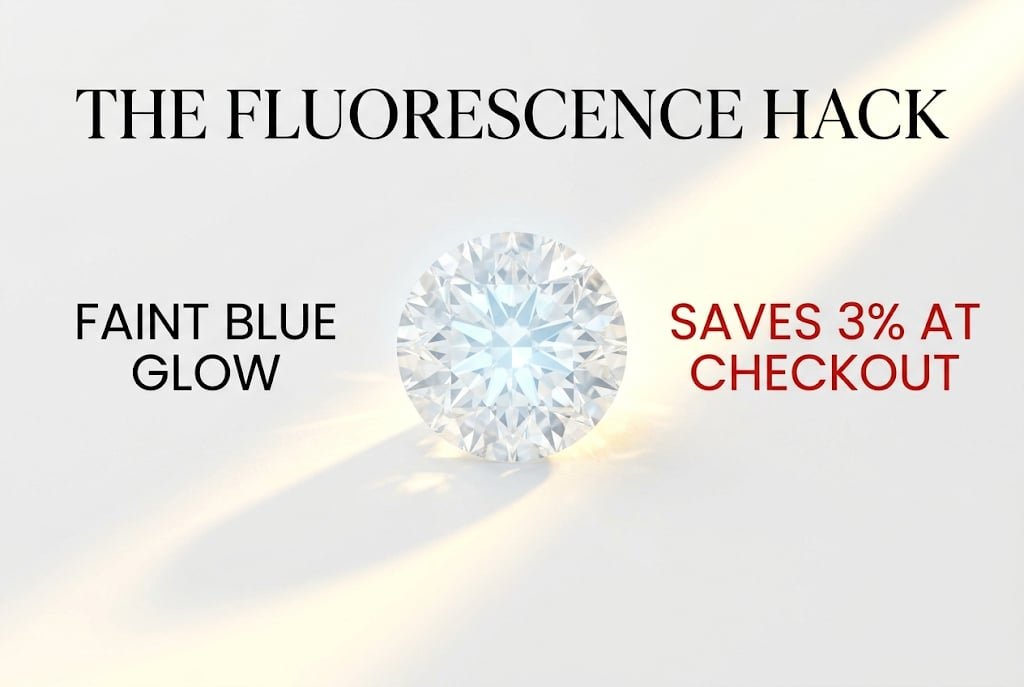 Technical white background illustration showing an F color diamond glowing icy white in sunlight, with Canela typography reading 'The Fluorescence Hack' explaining faint blue fluorescence.