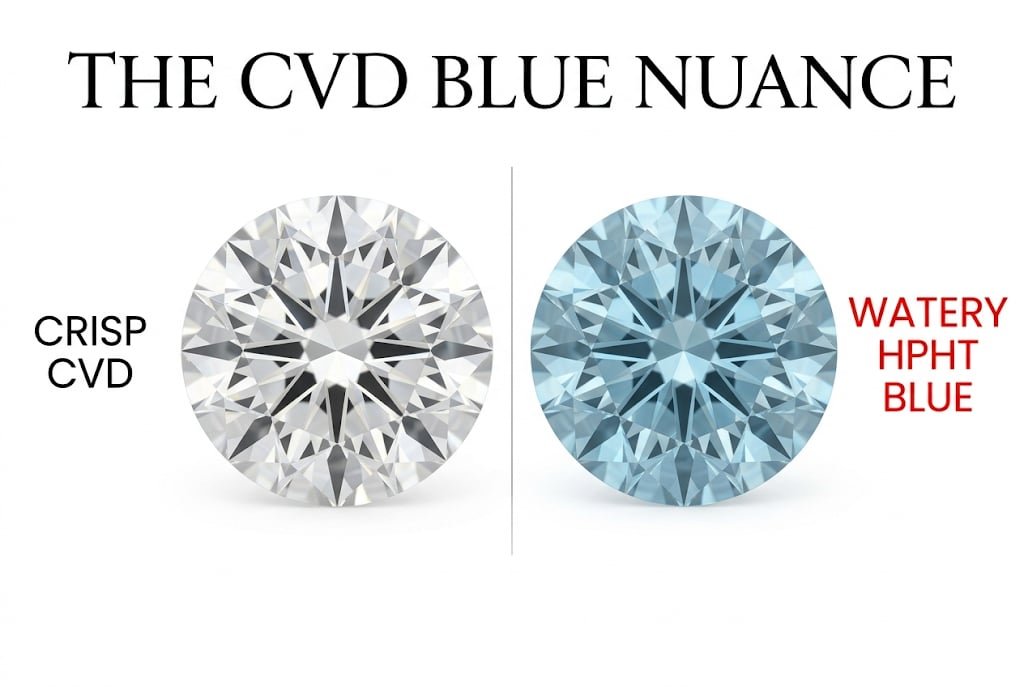 White background visual guide comparing a crisp CVD diamond to a watery blue HPHT diamond, with Canela typography reading 'The CVD Blue Nuance' when auditing an F color diamond
