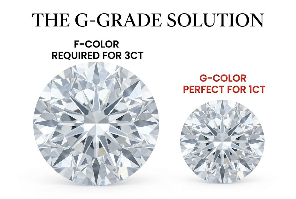 A luxury white background infographic comparing a 3-carat F color diamond to a 1-carat G color diamond, with Canela typography reading 'The G-Grade Solution' for scale arbitrage.