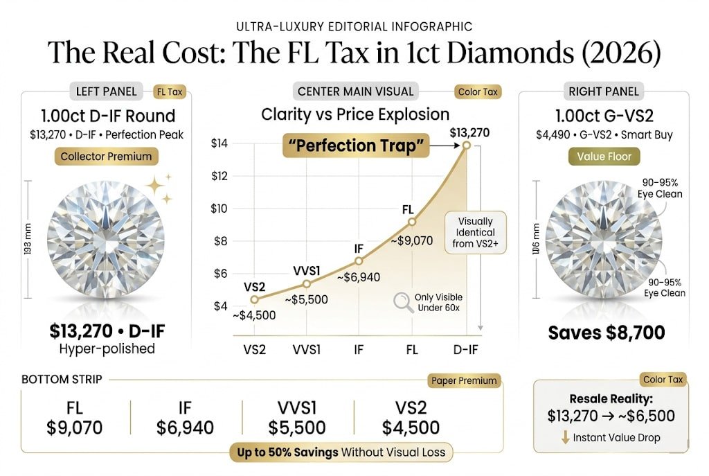 Luxury infographic showing the FL tax in 1 carat diamonds, comparing D-IF, FL, IF, VVS1, and VS2 pricing with a steep price curve and highlighting how VS2 offers identical visual appearance for up to $8,700 less.