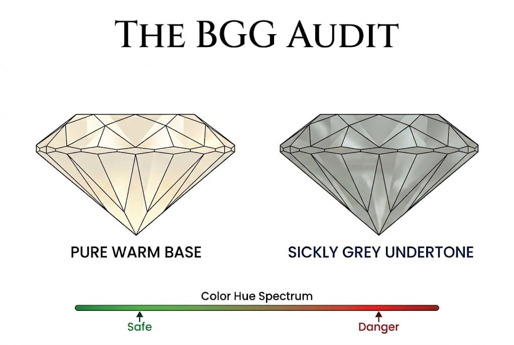 White background visual guide comparing a warm yellow base diamond to a muddy grey diamond, with Canela typography reading 'The BGG Audit' explaining hidden flaws in G color diamonds.