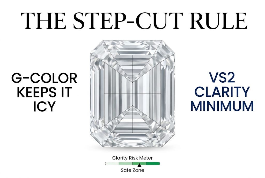 White background visual guide showing an Emerald cut diamond, with Canela typography reading 'The Step-Cut Rule' explaining why a G color diamond requires VS2 clarity.