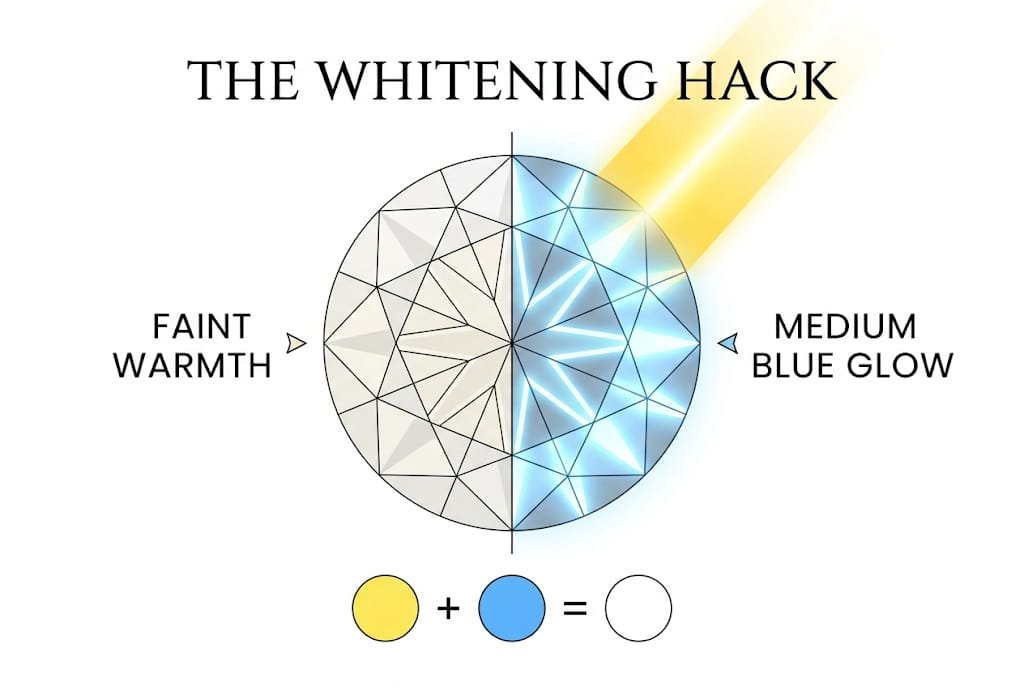 Technical white background illustration showing a G color diamond glowing icy white in sunlight to cancel yellow tint, with Canela typography reading 'The Whitening Hack'.