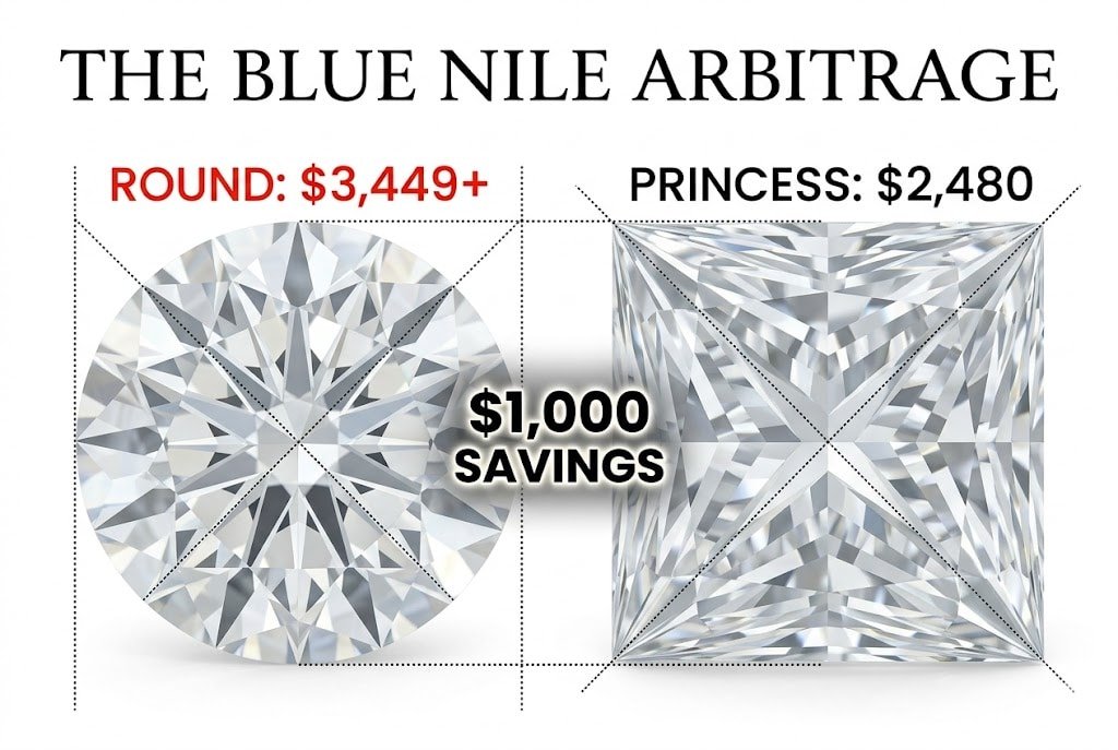 A luxury white background infographic comparing a $3,449 round diamond to a $2,480 princess cut diamond, with Canela typography reading 'The Blue Nile Arbitrage' for a G color diamond.