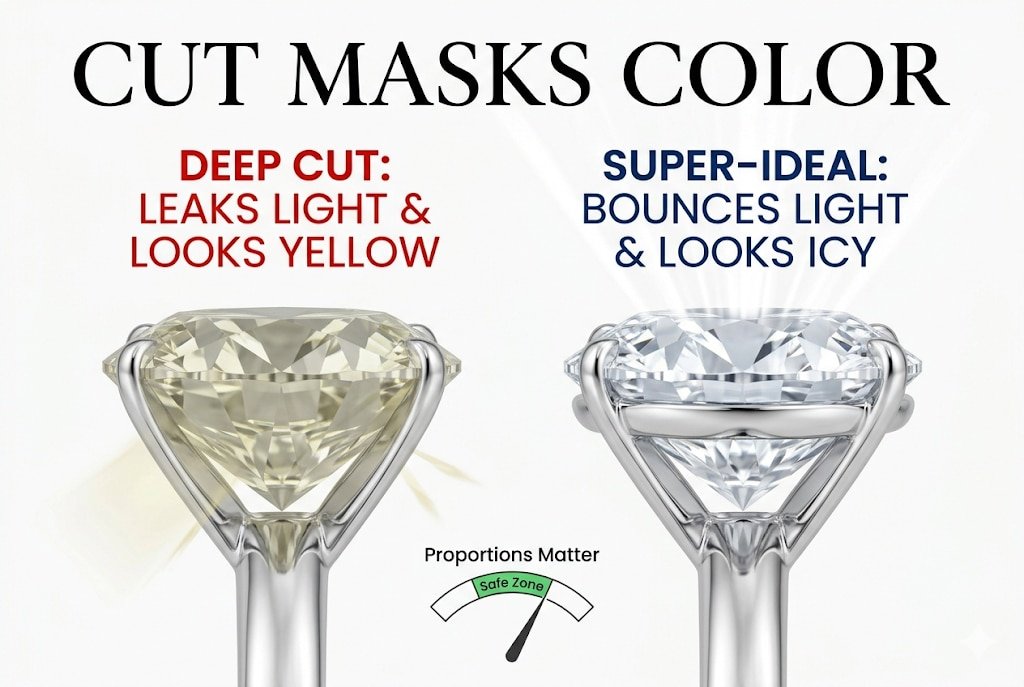 A luxury white background infographic showing how a Super-Ideal cut masks the yellow tint in an H color diamond, with Canela typography reading 'Cut Masks Color'.