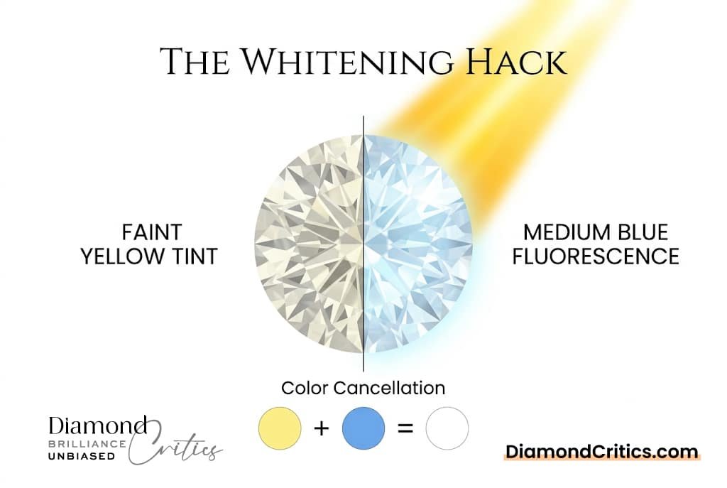 Technical white background illustration showing an H color diamond whitening under UV sunlight via fluorescence, with Canela typography reading 'The Whitening Hack'.