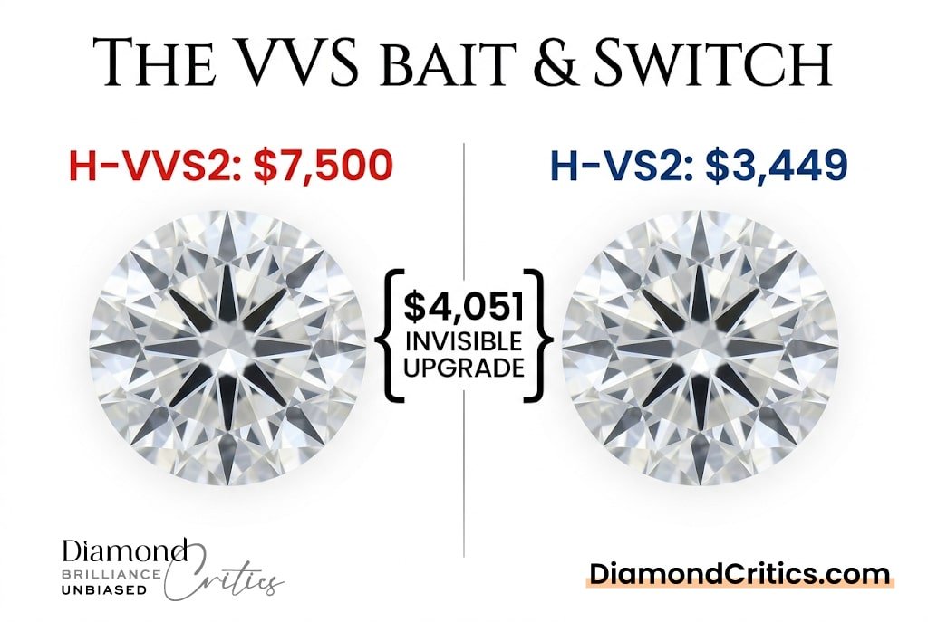 White background visual guide comparing a $7,500 H-VVS2 diamond to a $3,449 H-VS2 diamond, with Canela typography reading 'The VVS Bait & Switch'.