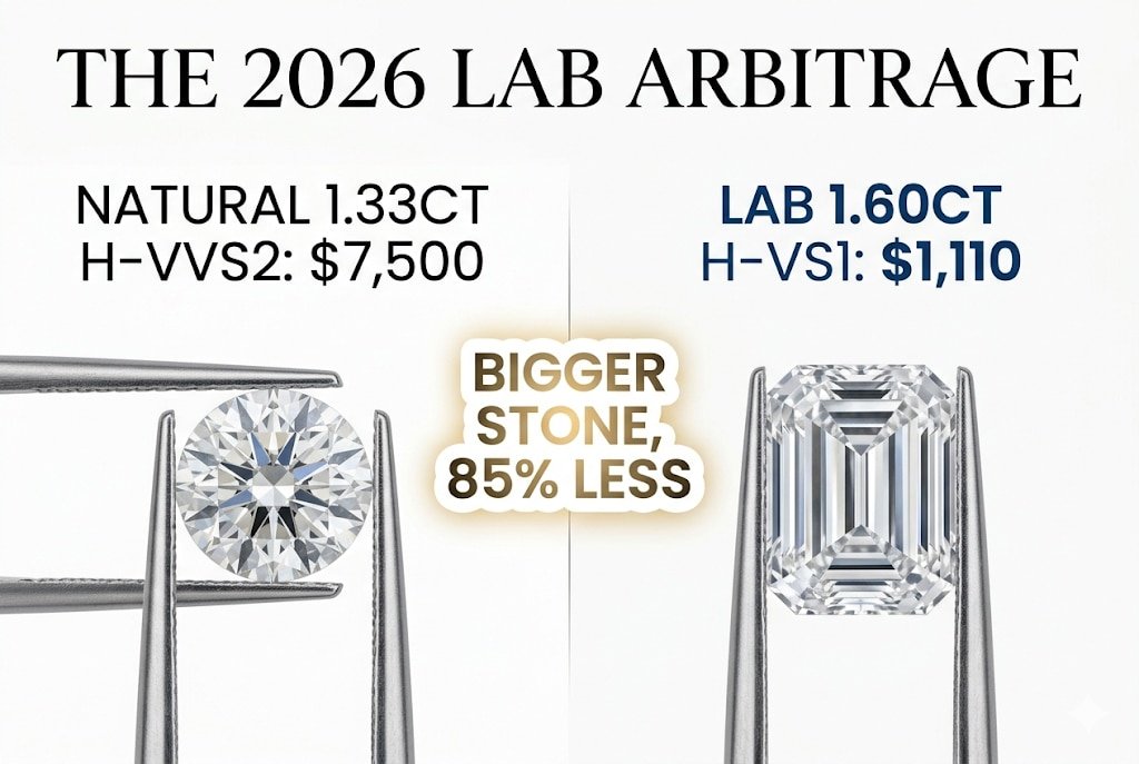 White background visual guide comparing a $7,500 natural H color diamond to a $1,110 lab-grown H color emerald cut, with Canela typography reading 'The 2026 Lab Arbitrage'.