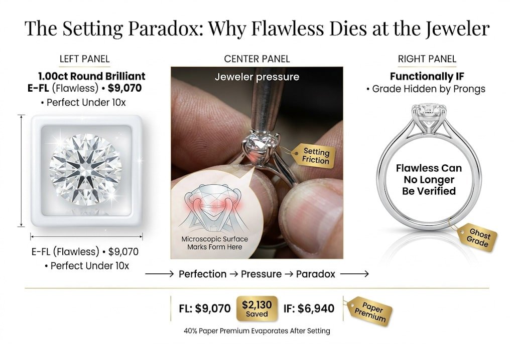 Ultra-luxury infographic showing how a flawless diamond loses its grade after being set into a ring, comparing FL vs IF diamonds and highlighting the $2,130 price difference and “ghost grade” concept.