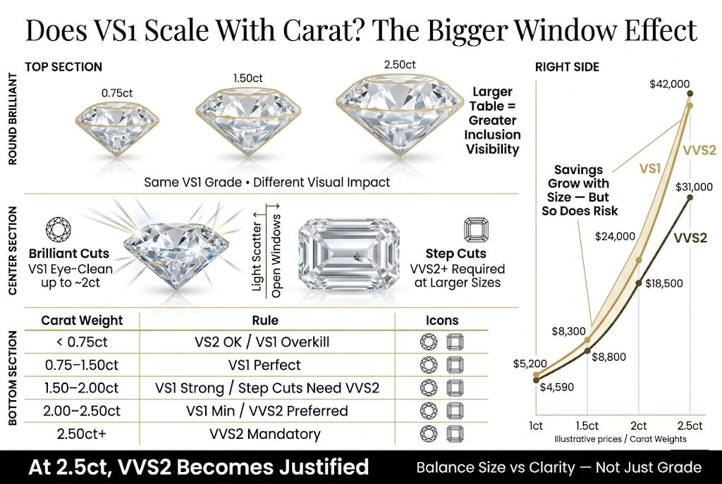 Premium infographic explaining how VS1 diamond clarity scales with carat weight, showing the bigger window effect where inclusions become more visible in larger stones and when VVS2 becomes necessary.