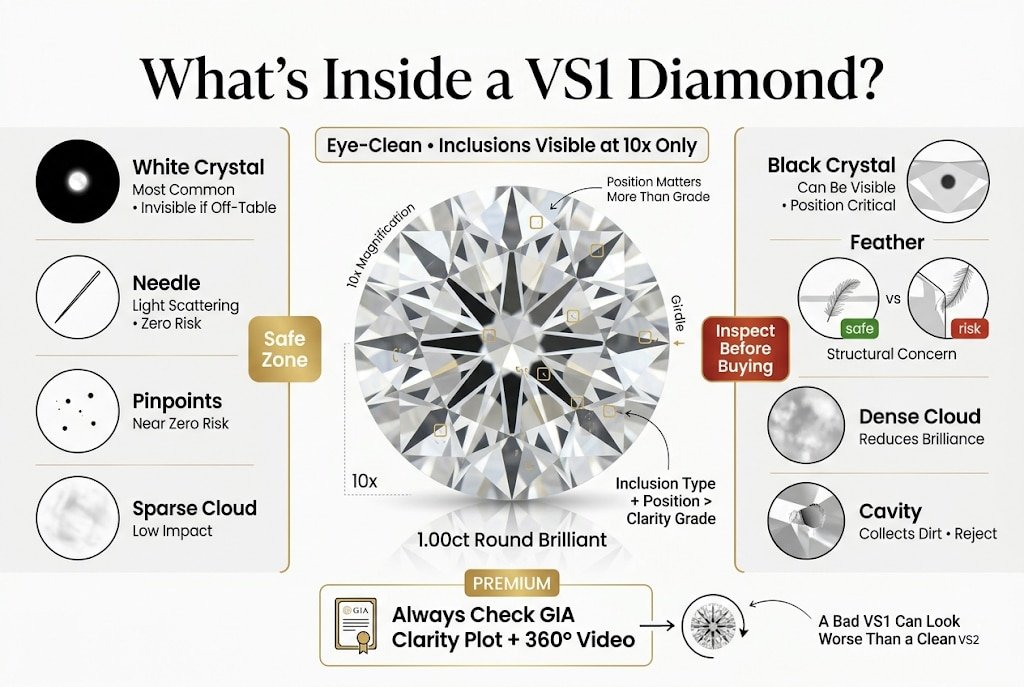 High-end infographic explaining the types of inclusions inside a VS1 diamond, including crystals, feathers, clouds, needles, and cavities, emphasizing how inclusion position affects visibility and risk more than the clarity grade itself.