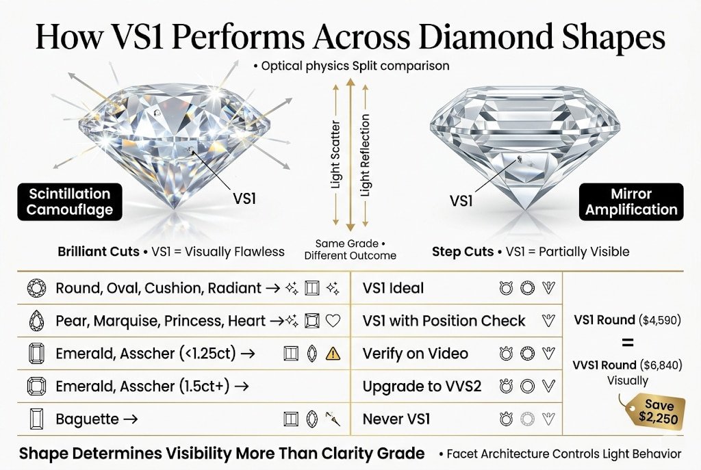 Premium infographic showing how VS1 diamonds perform across different shapes, comparing brilliant cuts that hide inclusions with step cuts that expose them, along with a full shape-by-shape clarity recommendation table.