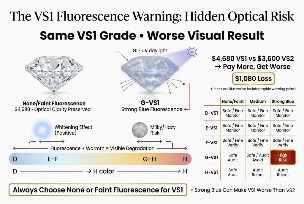 Premium infographic explaining the VS1 fluorescence risk, showing how strong blue fluorescence in G and H color diamonds can create a hazy appearance and make a VS1 look worse than a cheaper VS2.