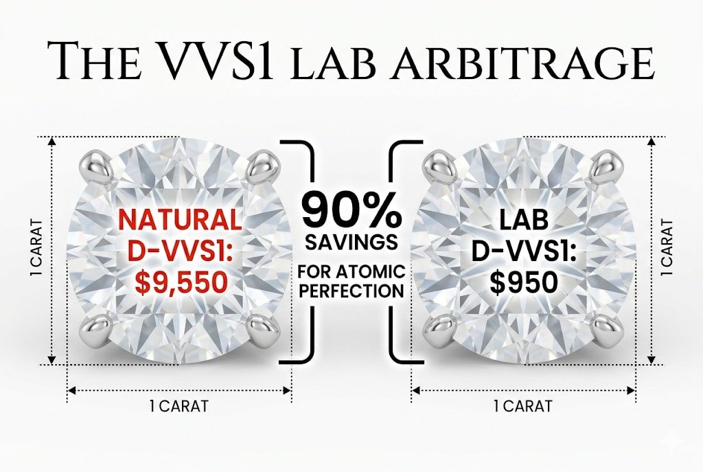 A luxury white background infographic comparing a $9,550 natural VVS1 to a $950 lab grown VVS1, with Canela typography reading 'The VVS1 Lab Arbitrage' for a VVS1 diamond.