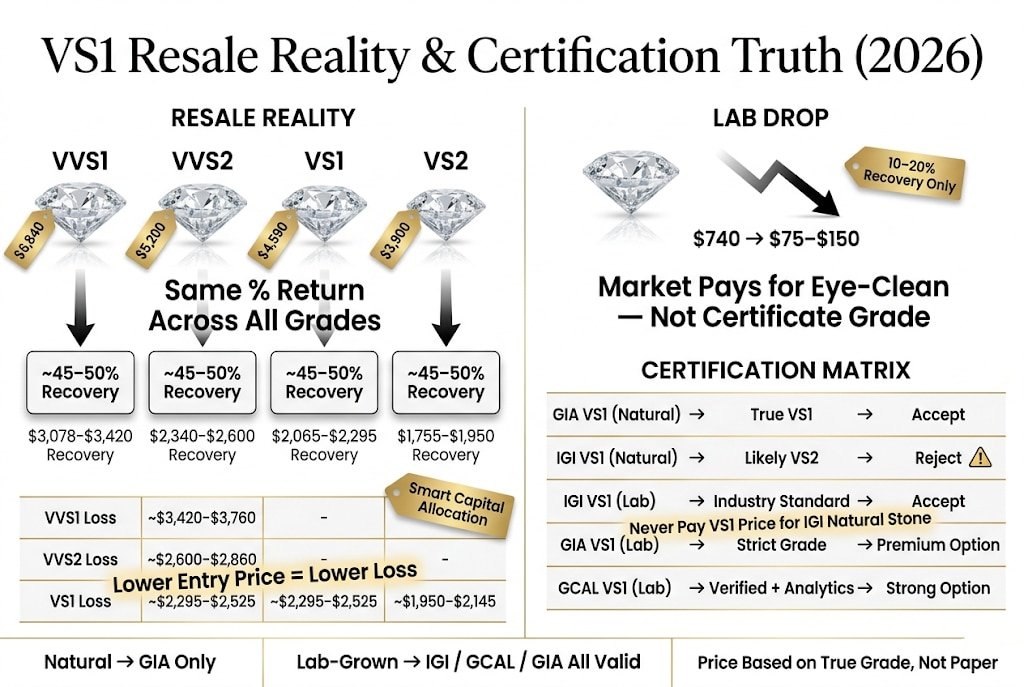 Premium infographic showing VS1 diamond resale value compared to VVS and VS grades, demonstrating identical 45–50% recovery rates and highlighting certification differences between GIA and IGI for natural and lab diamonds.