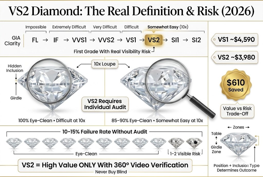Alt text: Premium infographic explaining what a VS2 diamond is, showing its position on the GIA clarity scale, comparison with VS1, and highlighting the 85–90% eye-clean rate with a 10–15% risk of visible inclusions.