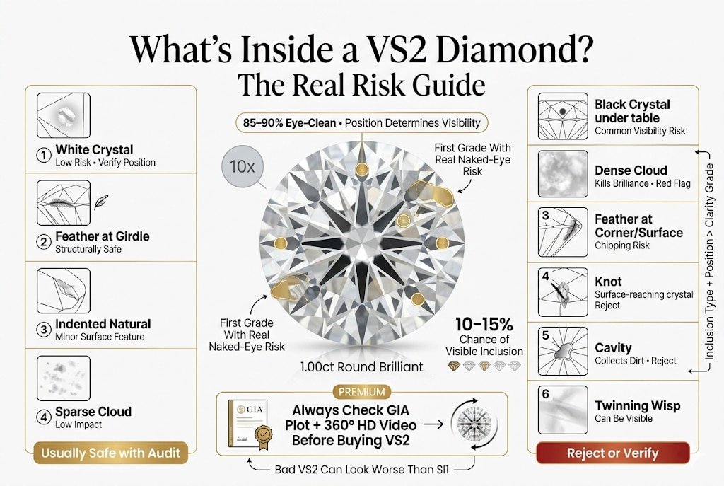High-end infographic showing the types of inclusions found in VS2 diamonds, including crystals, feathers, clouds, knots, and cavities, highlighting which are safe and which can cause visible flaws or should be rejected.