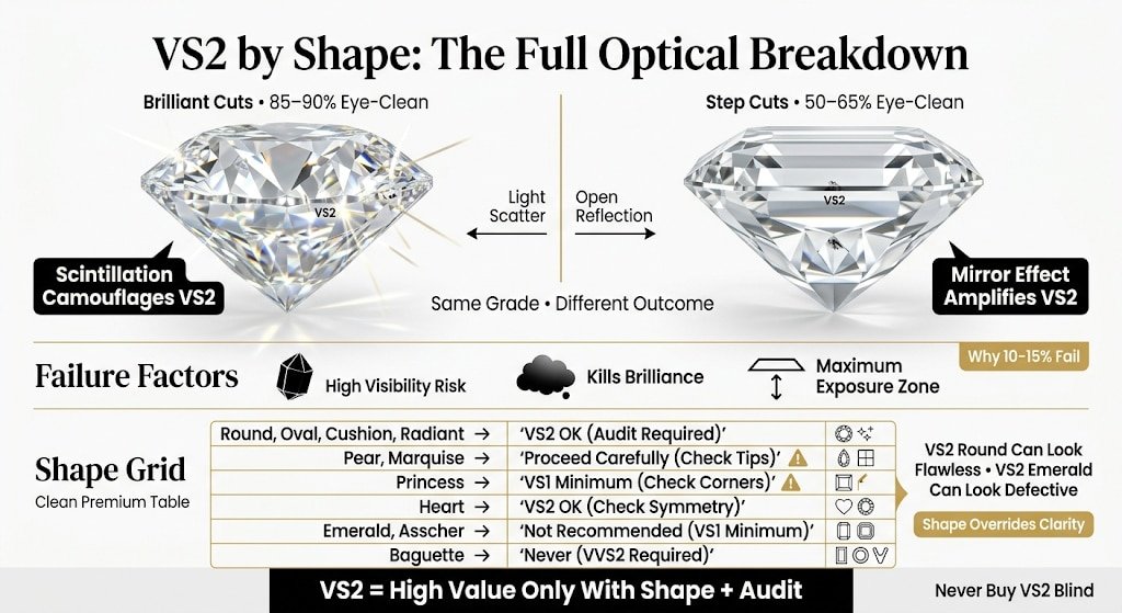 Premium infographic explaining how VS2 diamonds perform across different shapes, showing brilliant cuts hiding inclusions and step cuts exposing them, with a full shape-by-shape clarity recommendation guide.