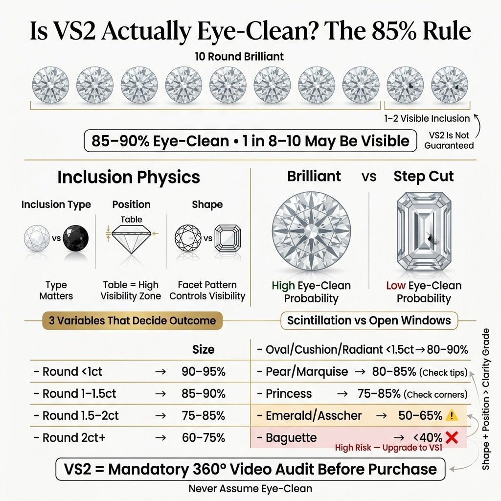 Premium infographic explaining the VS2 eye-clean rule, showing that 85–90% of VS2 diamonds appear clean while 1 in 8 to 1 in 10 may have visible inclusions, with breakdown by shape, size, and inclusion factors.